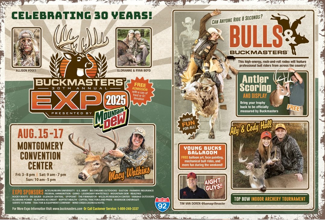 Y'all ready for the Buckmasters Expo?! It's happening this weekend in downtown Montgomery at the convention center by the Renaissance Hotel! Free admission with can food donations. I-92's Greg Thomas will be there broadcasting Saturday 10am-Noon. buckmasters.com