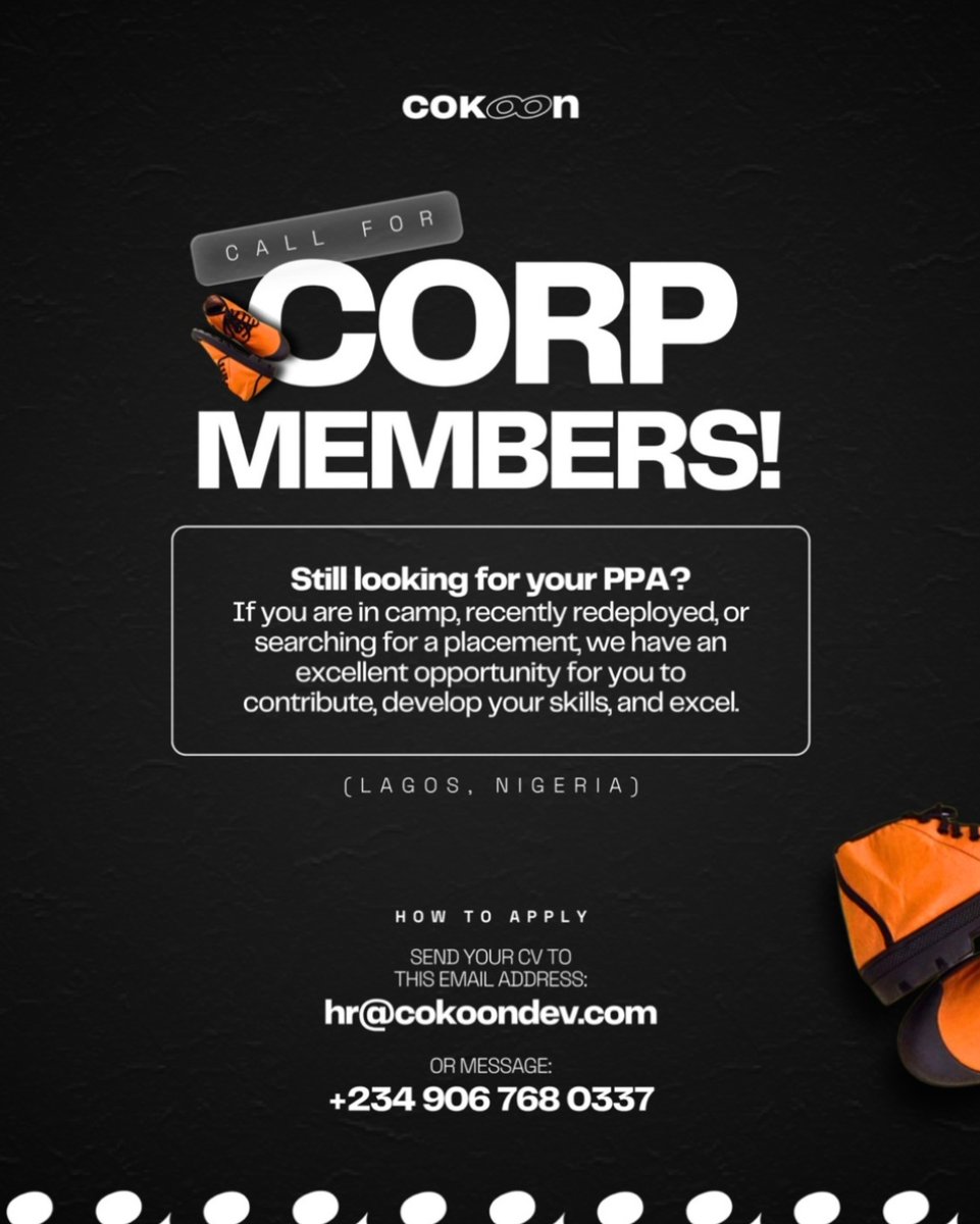 CokoonCDA's tweet photo. Hey Corper!!
Why settle for just any PPA when you can work somewhere that values your growth?
Join us at Cokoon and let’s build something amazing together!
📍 Lagos | Apply now: hr@cokoonddev.com

#NYSC#ApplyNow#PPASearch#cokoon https://t.co/6DV06do5Iu
