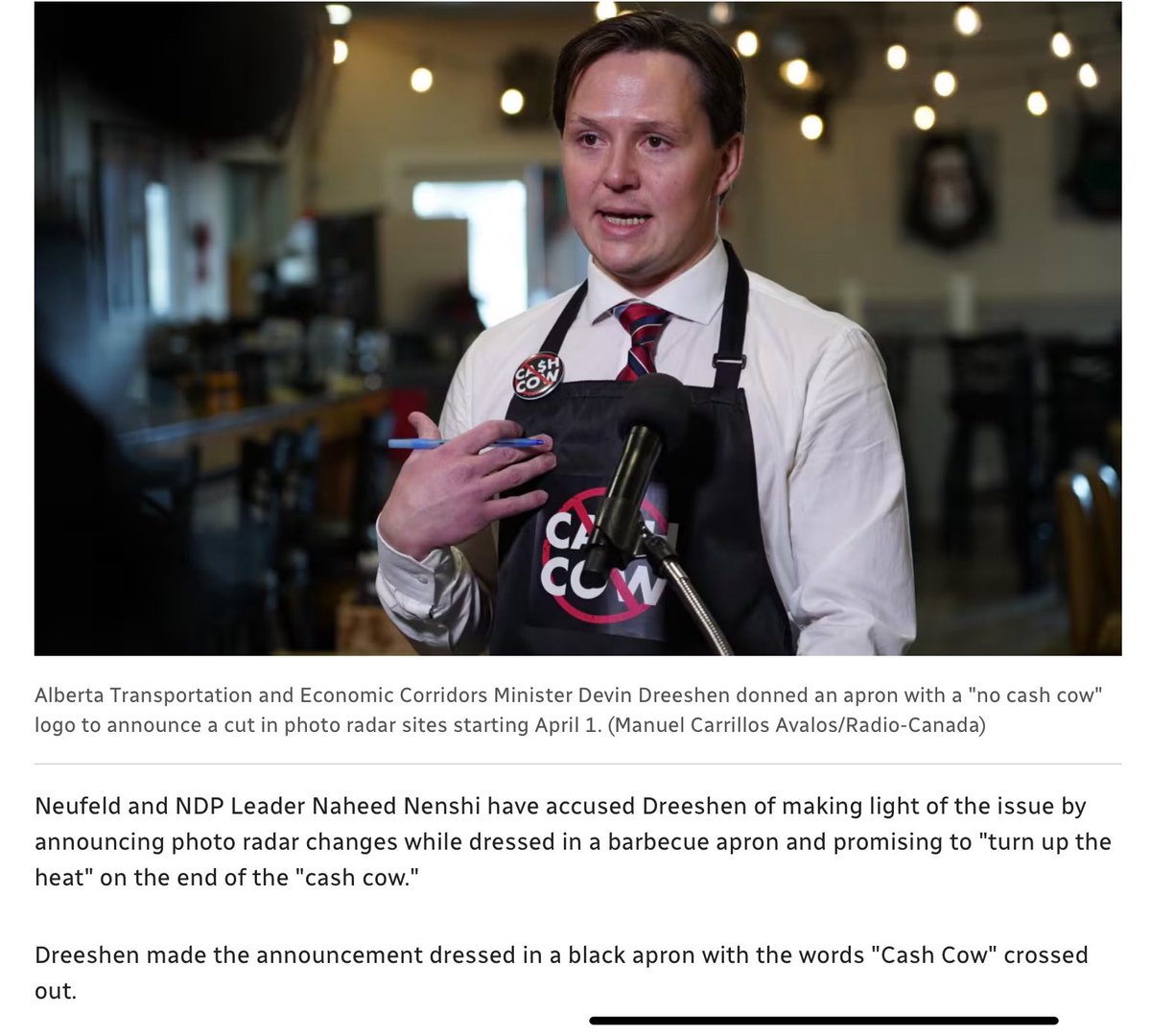 <a href="/DevinDVote/">Devin Dreeshen</a> UCP is “launching” a  new anti-speeding campaign - oh this should be good.  
EPS, CPS, Municipalities: brings current data, facts, road safety reports, crash stats. 
.<a href="/DevinDVote/">Devin Dreeshen</a>  brings aprons &amp; the usual ideological  rhetoric, unsubstantiated BS! 
#DanielleSmithIsUnfitToLead