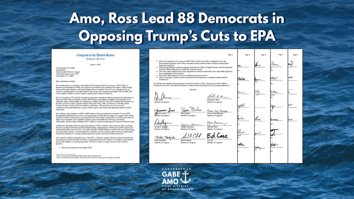 Congressman Gabe Amo (@repgabeamo) on Twitter photo Trump’s war on science continues.
<a href="/epaleezeldin/">Lee Zeldin</a> is shutting down the <a href="/EPA/">U.S. EPA</a> research and development office, which protects Americans’ health and environment through sound, unbiased research.
I’m fighting back with <a href="/RepDeborahRoss/">Congresswoman Deborah Ross</a> by leading 88 of our colleagues in protecting Trump’s war on science continues.
<a href="/epaleezeldin/">Lee Zeldin</a> is shutting down the <a href="/EPA/">U.S. EPA</a> research and development office, which protects Americans’ health and environment through sound, unbiased research.
I’m fighting back with <a href="/RepDeborahRoss/">Congresswoman Deborah Ross</a> by leading 88 of our colleagues in protecting
