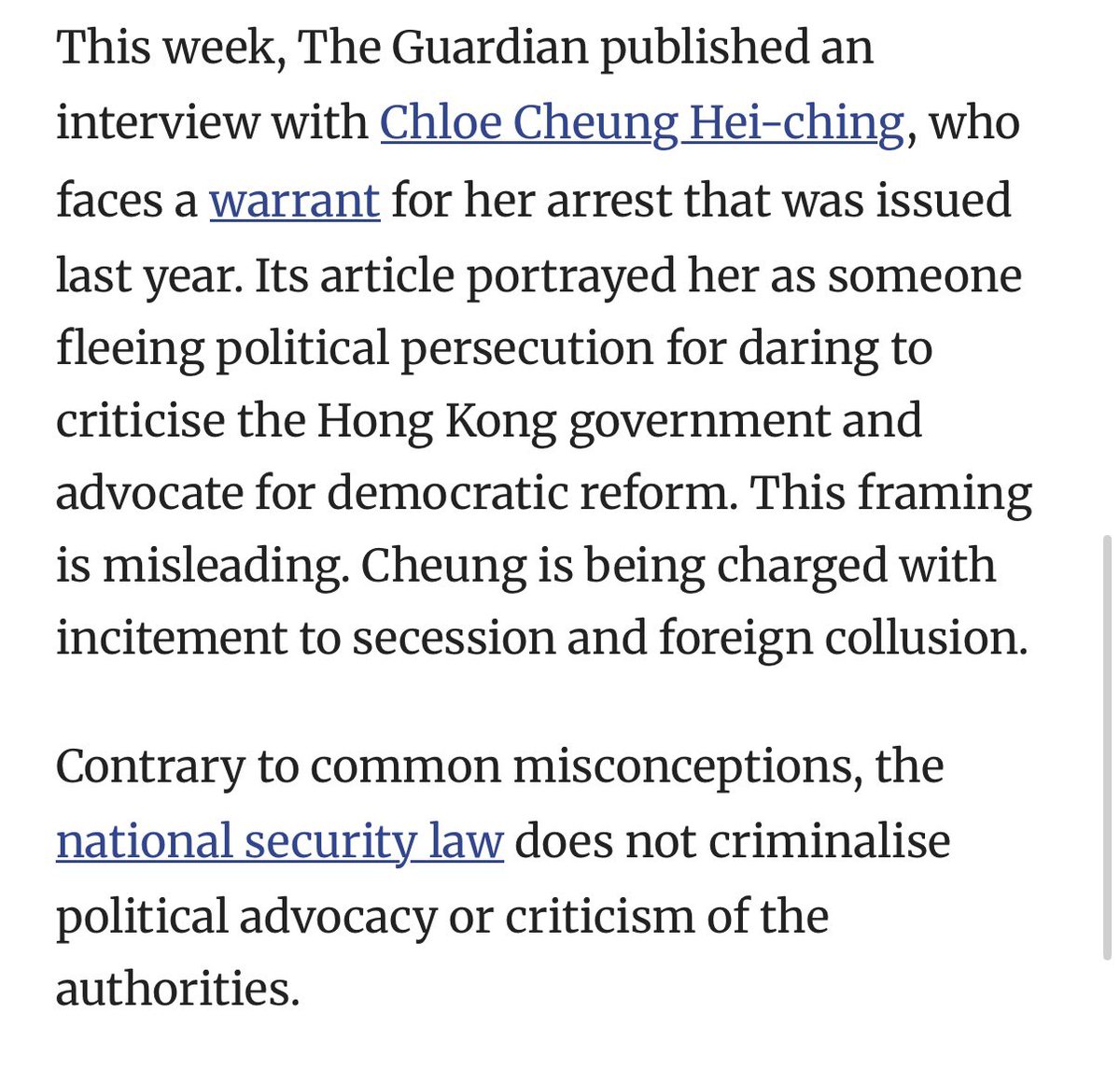 Pathetic: an op-ed at <a href="/SCMPNews/">South China Morning Post</a> slams my <a href="/guardian/">The Guardian</a> interview as “misleading”.

Even more pathetic: he claims that “the national security law does not criminalise political advocacy or criticism of the authorities,” while so many people are in prison for exactly that. What a joke.