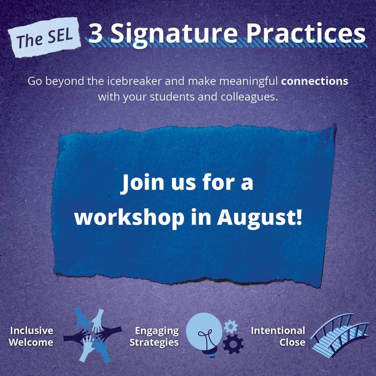 caselorg's tweet photo. Do you have the SEL 3 Signature Practices "down P.A.T.T."? Learn them with CASEL!

https://t.co/2NYqDwyQsU

Join our workshop on August 19th to bring these research-based strategies for connection, collaboration, and engagement to your lessons the very next day! https://t.co/QU91X8AJ21