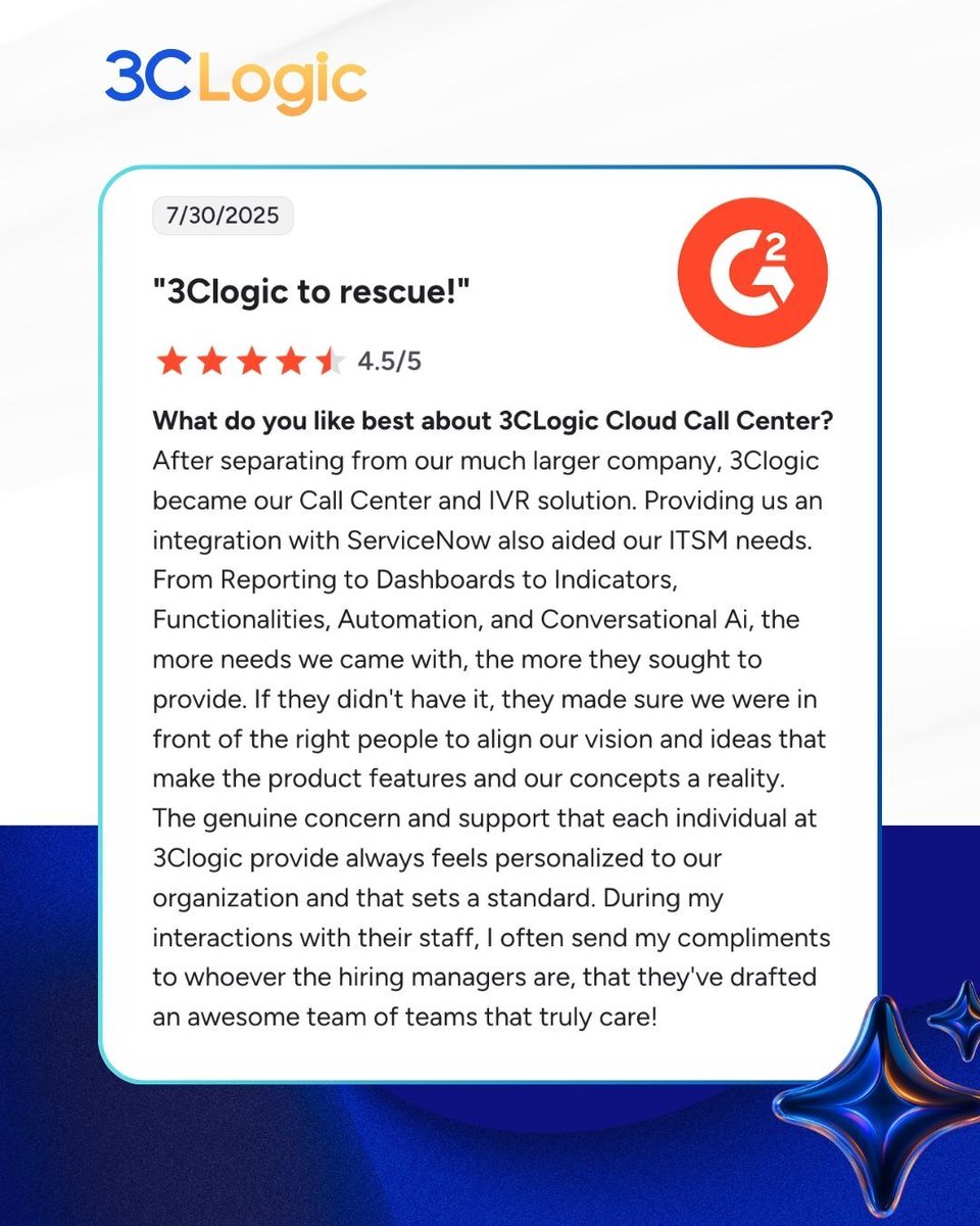 3CLogic's tweet photo. “From dashboards to automation, 3CLogic met every need — and if they didn’t have it, they made it happen! Their team feels genuinely invested in our success, and that sets them apart.”

Check out more  G2 reviews here → https://t.co/3YF8zA3U1v
#CustomerSuccess https://t.co/fpYhBz01dv