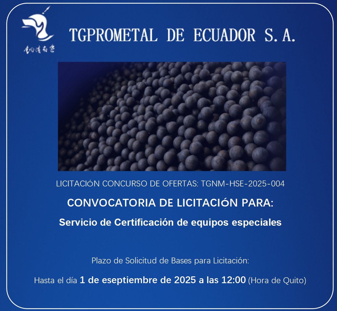 TGPROMETALSA's tweet photo. MATERIAL RESISTENTE AL DESGASTE TGPROMETAL DE ECUADOR S.A. (TGPROMETAL) anuncia la convocatoria de subasta para Certificación de equipos especiales.  Más detalles en el siguiente:https://t.co/QcKIstak6U https://t.co/FmEJPHdpZ3