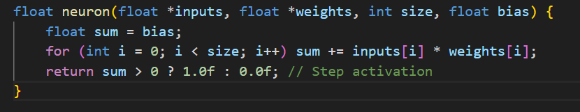 Neural Network Basics for Embedded Systems

Neural nets in C are hot for IoT in 2025, but tough due to memory constraints.

You’re coding a perceptron for edge AI, think sensor data classification. 

No libs, just raw C. Below, a simple neuron computation.
Beware: buffer