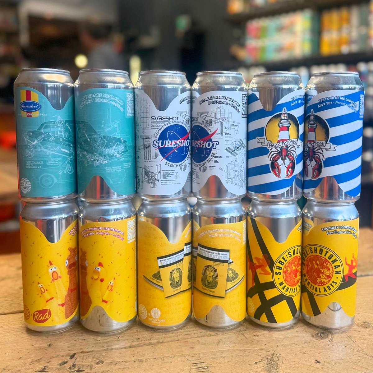LOADS of NEW #Sureshot - ‘I Wanna Be Your Ford Cortina’ DDH IPA to ‘Just Read The Instructions’ DDH Pale 🤤 We also have ‘Too Busy Looking Good’ #NEIPA 😎 ‘Just Cut Them Up Like Regular Chickens’ 🐓 to ‘Yer Fond of Me Lobster, Ain’t Ya?’ AND ‘Business Secrets of The Pharaohs’ 🍺