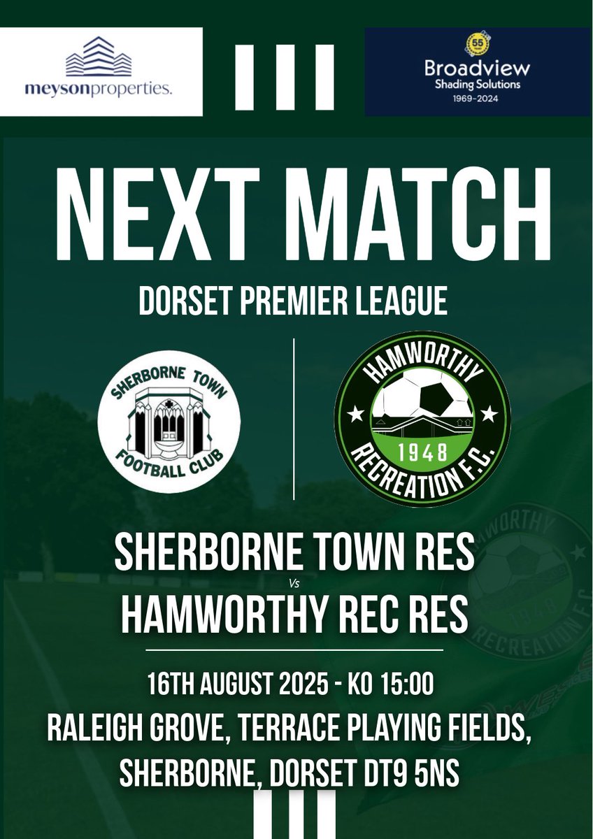 Ham_RecFCRes's tweet photo. NEXT MATCH - Game Day 3

📅 Saturday 16th August 
🆚 @SherborneResFC 
🏆 @DPL_official 
⌚️ 15:00 Kick Off
🏟️ Raleigh Grove
📍 Terrace Playing Field, Sherborne, Dorset, DT 9 5NS