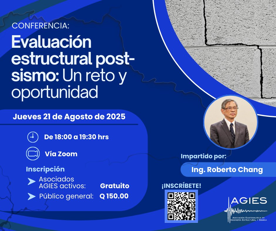 🎓 Conferencia
 🔍 “Evaluación estructural post-sismo: un reto y una oportunidad”

🗓 Fecha: Jueves 21 de agosto
 ⏰ Hora: 6:00 p.m.
 💻 Modalidad: Virtual vía Zoom
🚀 ¡Cupo limitado! Inscríbete ahora:
 🔗 forms.gle/NZDJeTigAt7nYo…