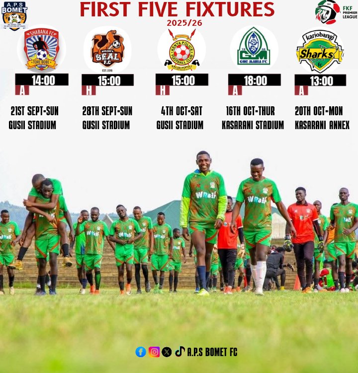 🗓 First Five Fixtures –2025/26 Season 
Fixtures are here (subject to change),
As we prepare for our debut in the top flight, our home ground arrangements are still under inspection. We’ve submitted:
1️⃣ Bomet IAAF Stadium
2️⃣ Kericho Green Stadium
3️⃣ Gusii Stadium