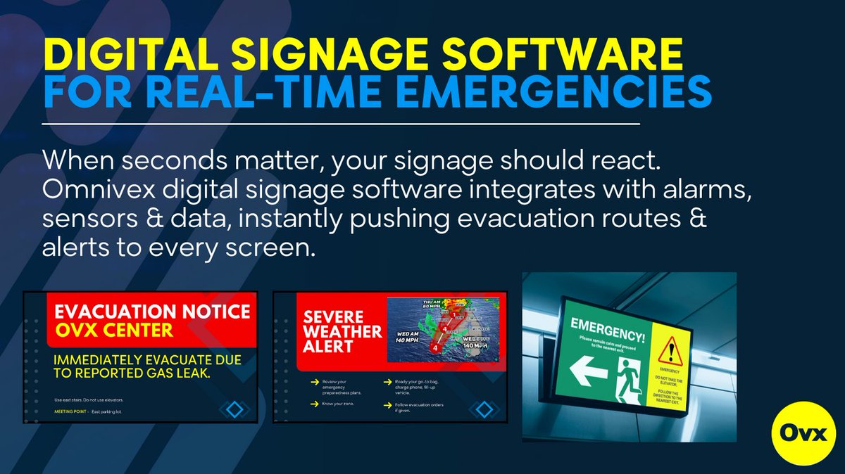 Omnivex's tweet image. When seconds matter, your signage should react. Omnivex #digitalsignage software integrates with alarms, sensors &amp;amp; data—instantly pushing evacuation routes &amp;amp; alerts to every screen. Dynamic. Immediate. Life-saving. omnivex.com/solutions/appl…  #emergencynotifications