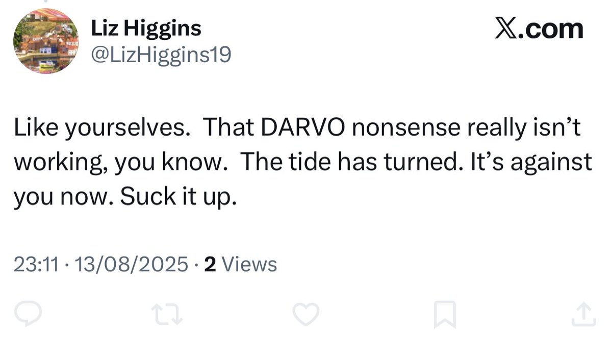 EqtNet's tweet photo. Dear, ‘Liz Higgins’ ‘that DARVO nonsense really isn’t working, you know. The tide has turned. It’s against you now. Suck it up’ 🫤
#PeakTERF101
#iBlockTERFs #iBlockFascists https://t.co/VZs7WkaqFf