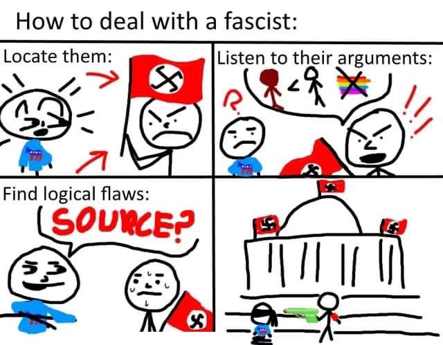 The image is a four-panel cartoon meme titled 'How to deal with a fascist,' shared by matt (@ekcollapse) on X, depicting a satirical approach to confronting fascism. The first panel shows a character with a swastika flag being located, the second shows listening to their arguments about rejecting diversity symbols, the third highlights finding logical flaws by questioning their 'SOURCE?', and the fourth depicts a violent resolution with a character shooting the fascist in front of a building with swastika flags. The cartoon uses simplistic, hand-drawn stick figures and bold text, reflecting a humorous yet critical stance on fascism, with no platform watermarks visible.