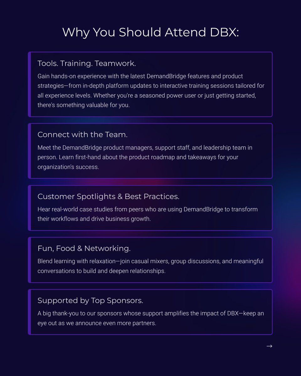 demandbridge's tweet photo. 🚨 Seats are going fast for DBX2025!
📍 Clearwater Beach, FL | Oct 13–15
Empower: Deep-dive @demandbridge training
Connect: Network w/ peers &amp; our team
Inspire: See what’s next for your business
🎟 Clients only — secure your spot: https://t.co/TZ9R53v54N

#Networking #Innovation https://t.co/LUvxTqHjjf