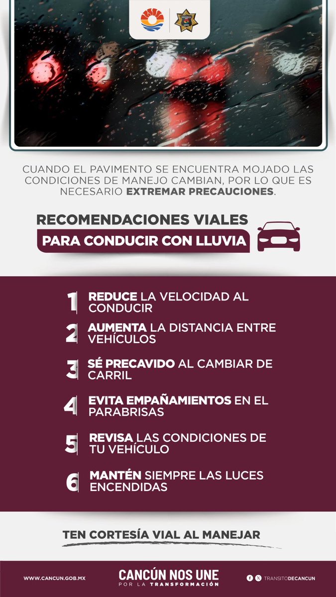 Debido a las lluvias que se presentan en la ciudad 🌧️
Te compartimos las siguientes recomendaciones viales para llegar a salvo a tu destino: 
¡Recuerda que tu seguridad es primero!