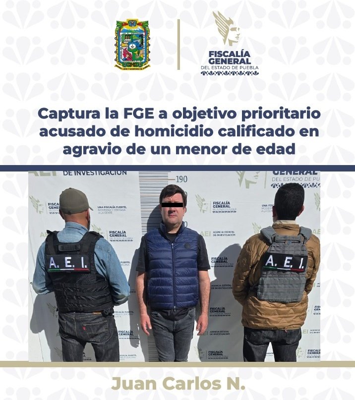 Código Rojo (@codigorojopue) on Twitter photo 🚨Captura <a href="/FiscaliaPuebla/">FGE Puebla</a> a Carlos N., acusado de homicidio calificado en agravio de un menor de edad.
Tras un incidente vial rumbo a Atlixco, el detenido disparó un arma contra los ocupantes de un vehículo, donde perdió la vida el menor y resultara lesionado un adulto.
#Puebla 🚨Captura <a href="/FiscaliaPuebla/">FGE Puebla</a> a Carlos N., acusado de homicidio calificado en agravio de un menor de edad.
Tras un incidente vial rumbo a Atlixco, el detenido disparó un arma contra los ocupantes de un vehículo, donde perdió la vida el menor y resultara lesionado un adulto.
#Puebla