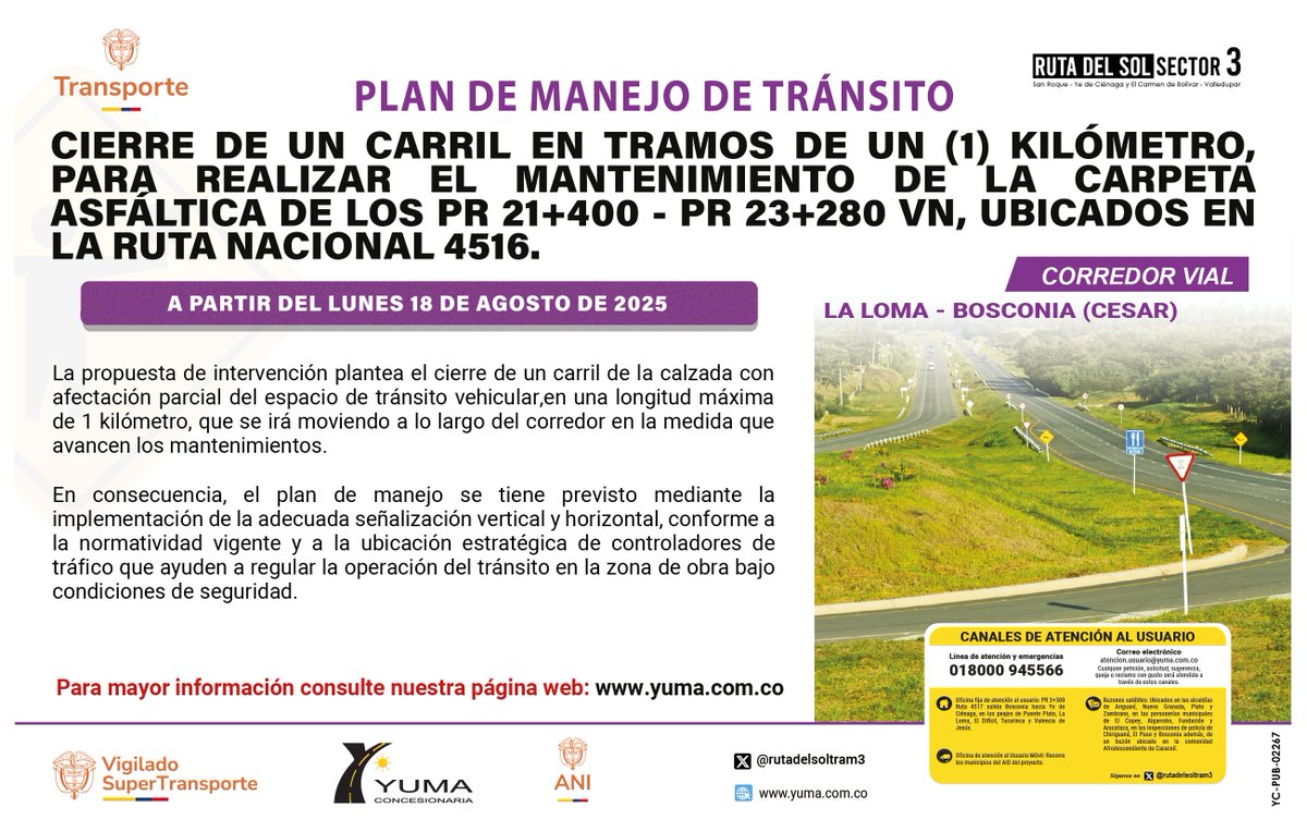 Ruta del Sol Sector 3 (@rutadelsoltram3) on Twitter photo <a href="/rutadelsoltram3/">Ruta del Sol Sector 3</a> Informa el cierre de un carril en tramos de un (1) kilómetro, para realizar el mantenimiento de la carpeta asfáltica de los PR 21+400 - PR 23+280 VN, ubicados en la Ruta Nacional 4516. corredor vial La Loma - Bosconia (Cesar). mas info: t.ly/qQ9Jt <a href="/rutadelsoltram3/">Ruta del Sol Sector 3</a> Informa el cierre de un carril en tramos de un (1) kilómetro, para realizar el mantenimiento de la carpeta asfáltica de los PR 21+400 - PR 23+280 VN, ubicados en la Ruta Nacional 4516. corredor vial La Loma - Bosconia (Cesar). mas info: t.ly/qQ9Jt