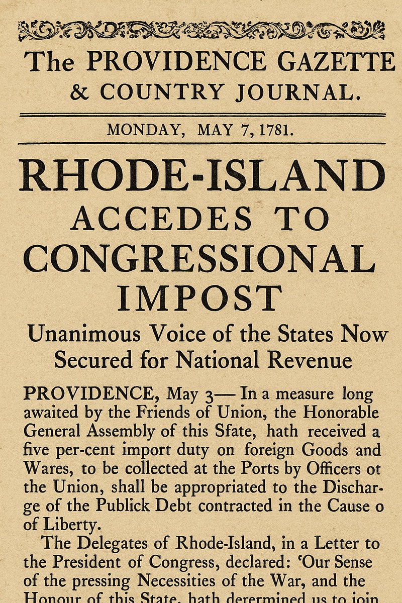 #tweetfromalternatehistory <a href="/AmRevResurrect/">AmRev Resurrected</a>  <a href="/chbstone2/">Publius Doc Rock</a> <a href="/JeffProvine/">Jeff Provine</a> #whatif the Confederation had survived the turbulent decade after the American Revolution? May 3, 1781 #OnThisDay in #alternatehistory Rhode Island approves the Impost todayinah.co.uk/index.php?stor…