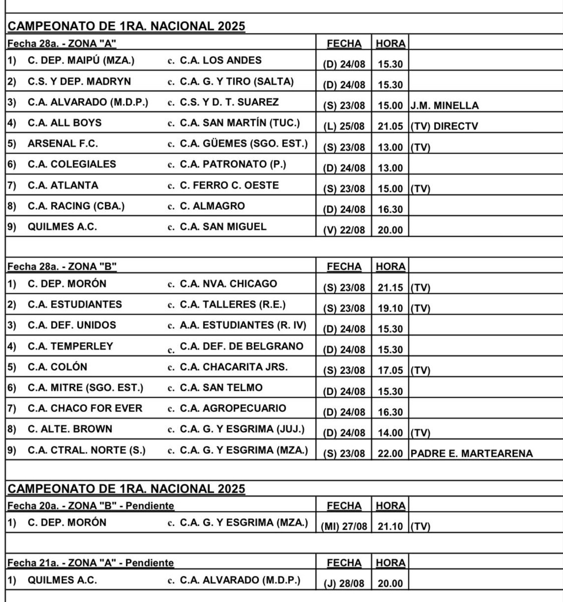 PROGRAMACIÓN 
#PrimeraNacional
Fecha 28

Almirante Brown recibirá a Gimnasia de Jujuy el domingo 24/08 a las 14hs. El partido será televisado por TyC Sports.