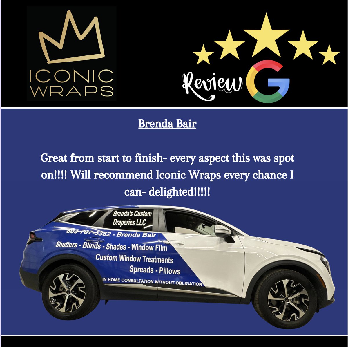 wrapiconic's tweet image. Brenda, thank you so much!!! We appreciate your five-star review!

#iconicwrap #wrapiconic #driveyourbrand #windowtintingcolumbiasc #famouslyhotcolumbia #protectyourinvestment #vinylwraps #ceramiccoating #paintprotection #ppf