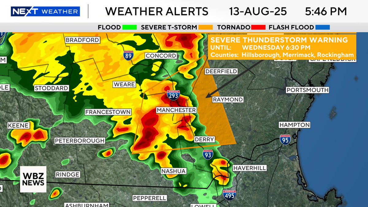 ⚠️ Severe Thunderstorm Warning for Hillsborough, Rockingham, Merrimack County until Aug 13 6:30PM. 

Frequent lightning, hail, and strong wind are possible in these storms.