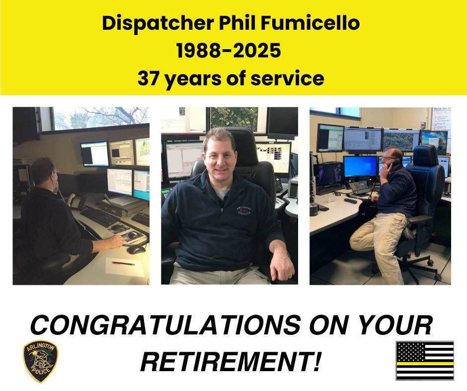 ArlingtonMAPD's tweet photo. The Arlington Police Department extends our heartfelt congratulations to Dispatcher Phil Fumicello on his retirement.
#ArlingtonMA https://t.co/nPorFDnGHO
