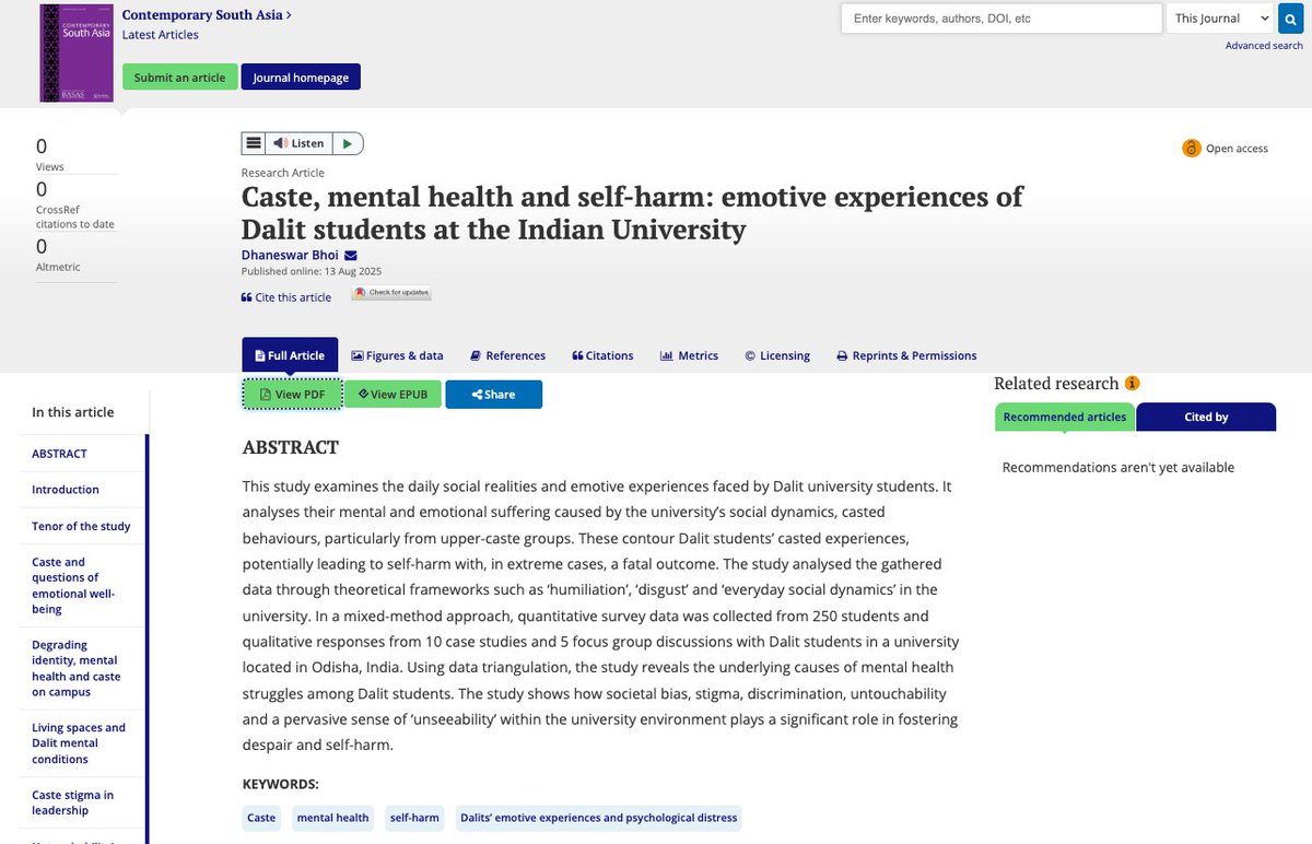 dhaneswar's tweet photo. After 2+ years of work, my piece on the intersection of caste and mental health is out in Contemporary South Asia (Taylor &amp; Francis). 🚨
It shows how campus caste bias fuels emotional trauma and self-harm among Dalit students. 💔📚 #CasteMatters #MentalHealthJustice https://t.co/pjYuh5qclC