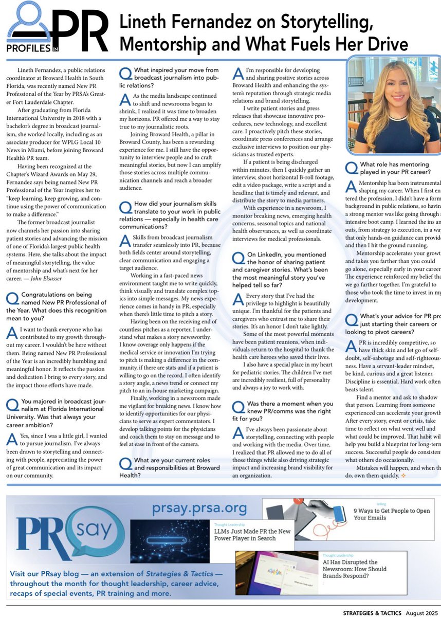 lfernandezmaury's tweet photo. What an honor to be featured in PRSA Strategies &amp; Tactics newspaper!

In the August edition, I share my thoughts on storytelling, mentorship, and what fuels my drive in public relations.

Thank you @PRSA forgiving me the opportunity to share my journey.

https://t.co/KqXEjibCRf https://t.co/RDgVaV7qe0