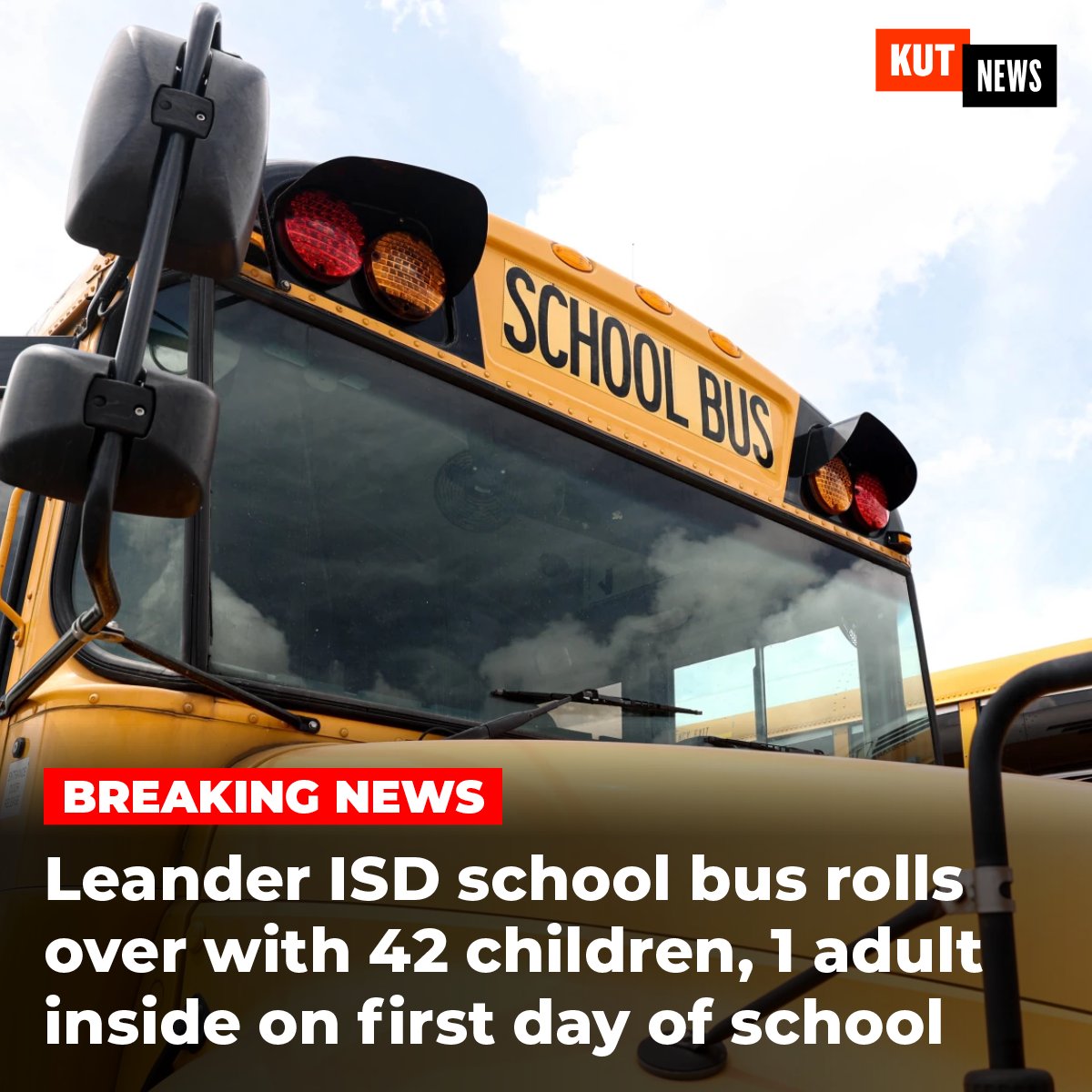 Breaking: A Leander ISD bus with 42 children onboard rolled over in the Sandy Creek area on the first day of school. kut.org/education/2025…
