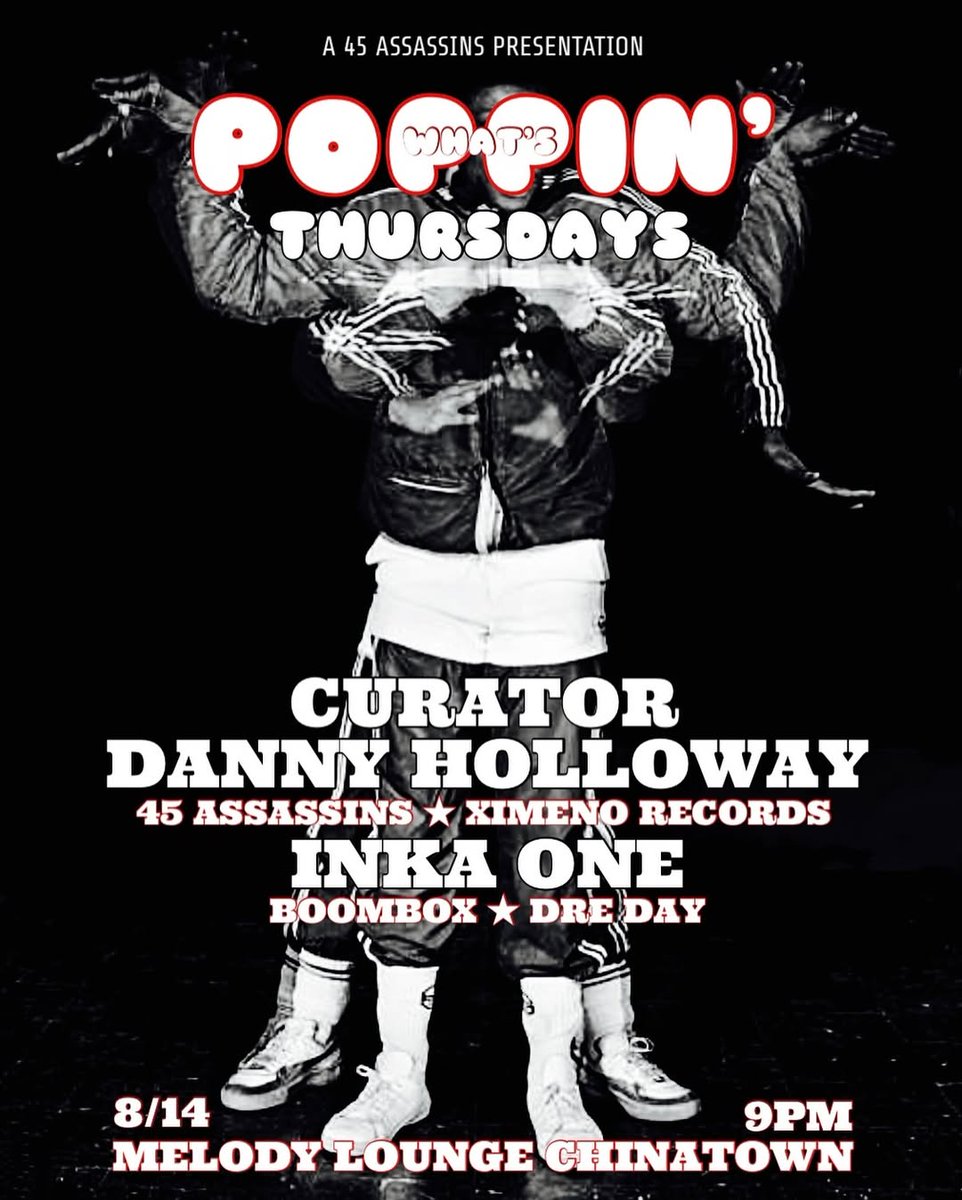 [THURSAY] joining the fam @SMOKINVINYL [Ximeno Records] + CURATOR [45 Assassins] for their first installment of, "What's Poppin' Thursdays"! 100% vinyl house party vibes. no rules, no format...just dancefloor heaters 9pm-2am at the newly renovated <a href="/MelodyLoungeLA/">Melody Lounge</a>. 21+/FREE. ayye!