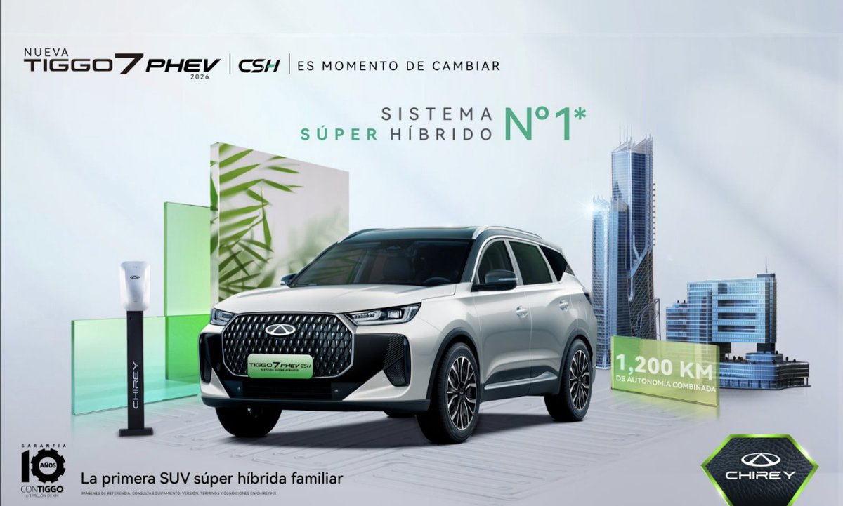 Llega el <a href="/ChireyMexico/">Chirey México</a>  Tiggo 7 PHEV CSH 2026
La primera SUV Súper Híbrida familiar ofrece hasta 565 litros de cajuela, motor 1.5L Turbo, batería LFP con carga rápida en 20 min, y 16 sistemas ADAS para mayor seguridad. Precio de lanzamiento: $629,900 MXN.