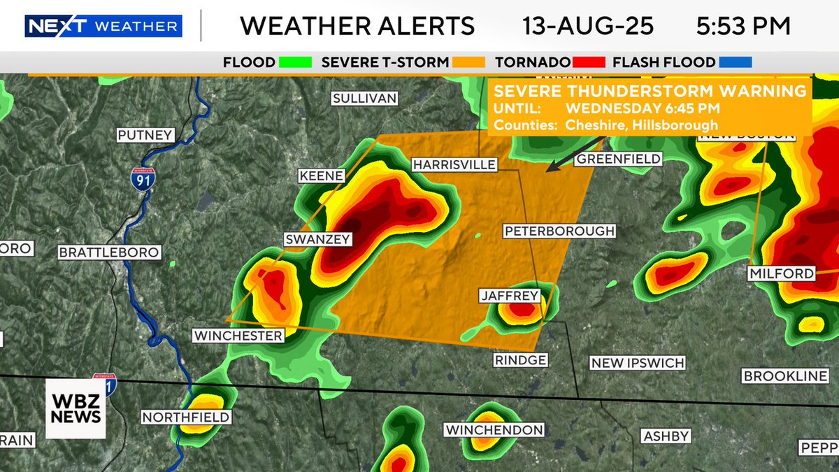 ⚠️ Severe Thunderstorm Warning for Cheshire, Hillsborough County until Aug 13 6:45PM. 

Frequent lightning, hail, and strong wind are possible in these storms.
