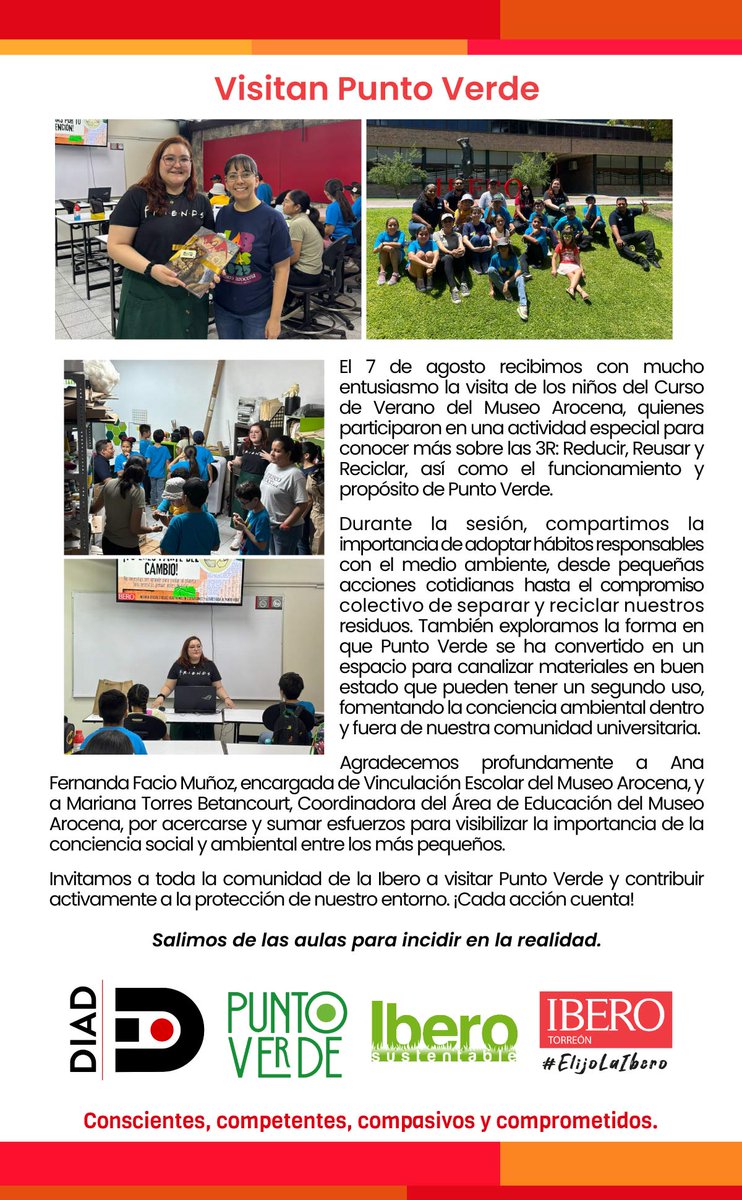 Ibero Torreón (@iberotorreon) on Twitter photo Recibimos con mucho entusiasmo la visita de los niños del Curso de Verano del <a href="/museoarocena/">Museo Arocena</a>, quienes participaron en una actividad especial para conocer más sobre las 3R: Reducir, Reusar y Reciclar, así como el funcionamiento y propósito de Punto Verde.
#ElijoLaIbero Recibimos con mucho entusiasmo la visita de los niños del Curso de Verano del <a href="/museoarocena/">Museo Arocena</a>, quienes participaron en una actividad especial para conocer más sobre las 3R: Reducir, Reusar y Reciclar, así como el funcionamiento y propósito de Punto Verde.
#ElijoLaIbero