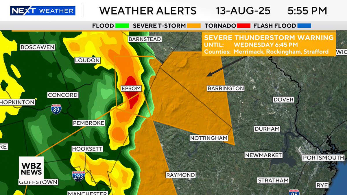 ⚠️ Severe Thunderstorm Warning for Strafford, Rockingham, Merrimack County until Aug 13 6:45PM. 

Frequent lightning, hail, and strong wind are possible in these storms.