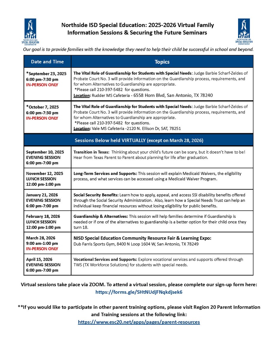 Al_Gomez_M's tweet image. San Antonio parents of children with special needs, @NISDSpecialEd is hosting eight fantastic ℹ️ information sessions &amp;amp; seminars this school year. 🔐Secure your child&apos;s future‼️ #Guardianship #PostSecondaryTransition #MedicaidWaivers #SocialSecurity #ResourceFair