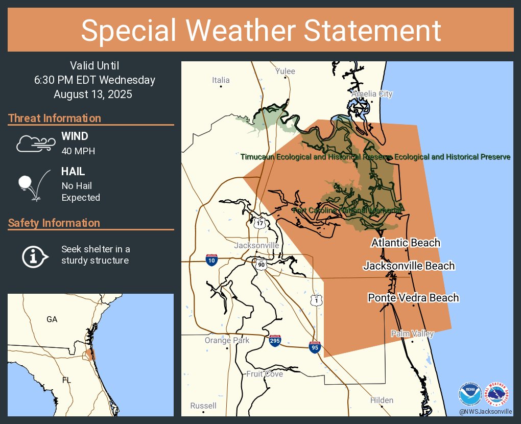 A special weather statement has been issued for Jacksonville Beach FL, Atlantic Beach FL and  Neptune Beach FL until 6:30 PM EDT