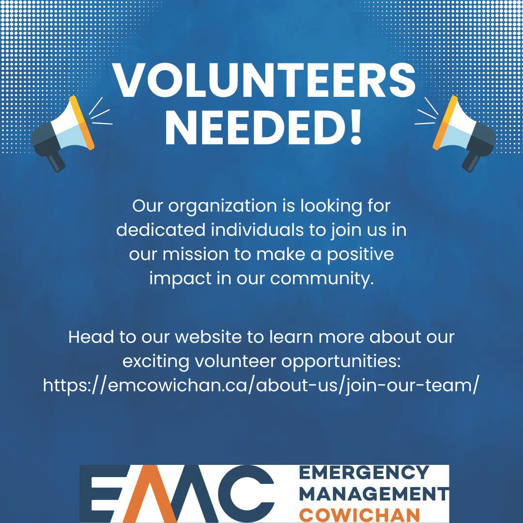 Emergency Management Cowichan is looking for dedicated volunteers to assist us in various different roles! 

For more information, go to emcowichan.ca/about-us/join-… 

#EMCowichan #EmergencyPreparedness #VolunteerOpportunities #CVRD