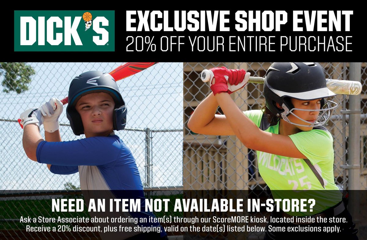 February 28th-March 3rd, 2025
Lebo Baseball Dick's Sporting Goods Discount Weekend! 

All of our members will receive 20% off their ENTIRE Purchase! 

Check out the details and printable 20% OFF coupon flyer here: buff.ly/4iet2Yg