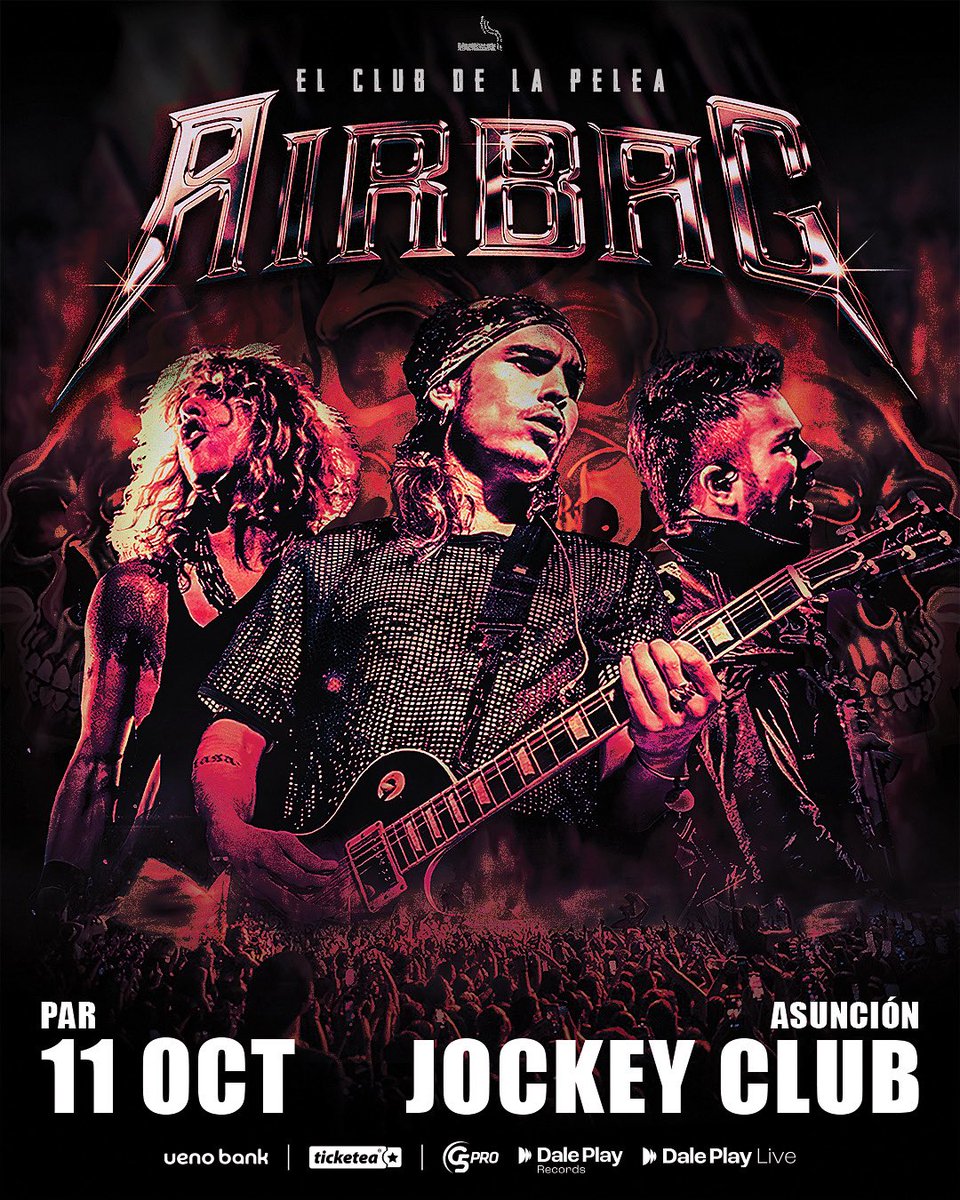¡El reencuentro que todos pedíamos! AIRBAG en Paraguay con El Club de la Pelea 🇵🇾🤩 
Pura energía, temazos y adrenalina en vivo 💥 … ¿vas a faltar? 🤜🏻🤛🏻

🚨QUEDATE ATENTO 🚨 LUNES 18 11AM EMPIEZA LA VENTA, NO TE DUERMAS! 
Estas listo para el Pogo?? 👀👀

🗓️ 11 de Octubre
📌
