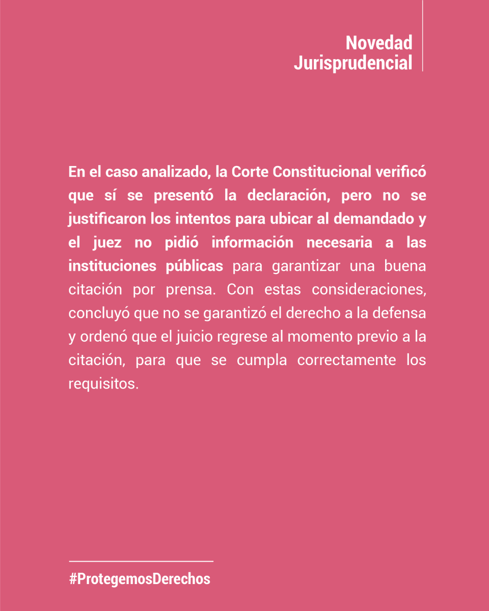 #NovedadJurisprudencialCC | Los procuradores judiciales pueden presentar una declaración juramentada para continuar con una citación por la prensa.

Lee más en la Sentencia 286-22-EP/25, AQUÍ ⬇
shorturl.at/MFX2h