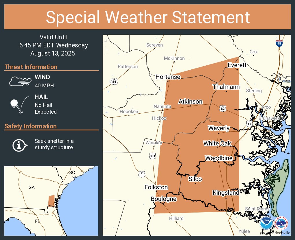 A special weather statement has been issued for Kingsland GA, Folkston GA and  Woodbine GA until 6:45 PM EDT