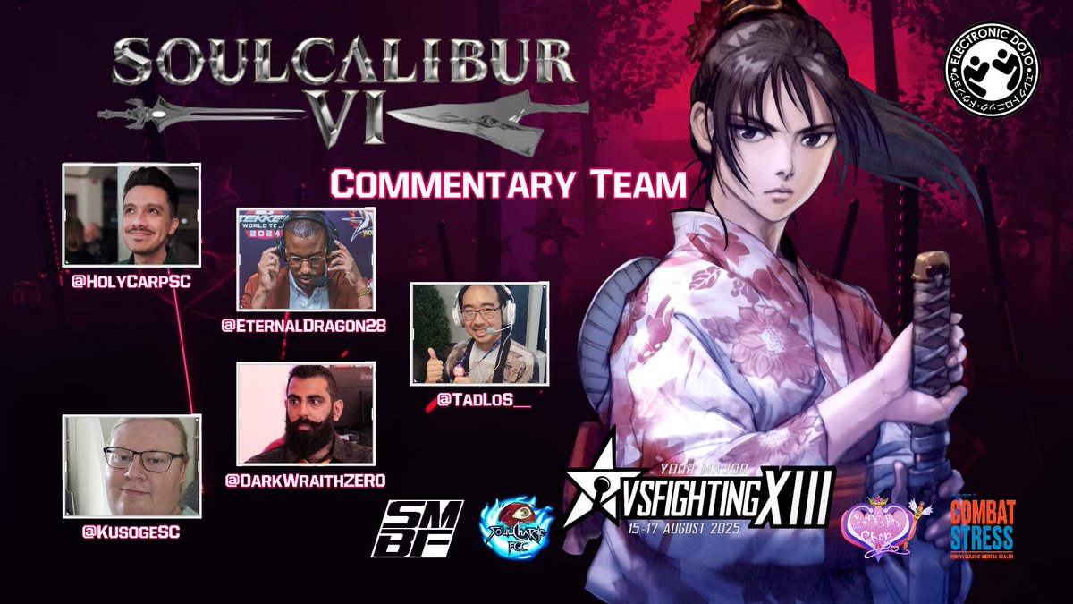 FLOOFY | ZER0 (@darkwraithzer0) on Twitter photo We are pleased to share our commentary team for SOULCALIBUR VI at VSFighting XIII! ⚔️🔥
Show your opponent Your Soul Still Burns and battle it out this weekend for our amazing prizes! We'll see you there! 💪 #SOULCALIBURVI
<a href="/BNEesports/">Bandai Namco Esports</a> #VSF We are pleased to share our commentary team for SOULCALIBUR VI at VSFighting XIII! ⚔️🔥
Show your opponent Your Soul Still Burns and battle it out this weekend for our amazing prizes! We'll see you there! 💪 #SOULCALIBURVI
<a href="/BNEesports/">Bandai Namco Esports</a> #VSF