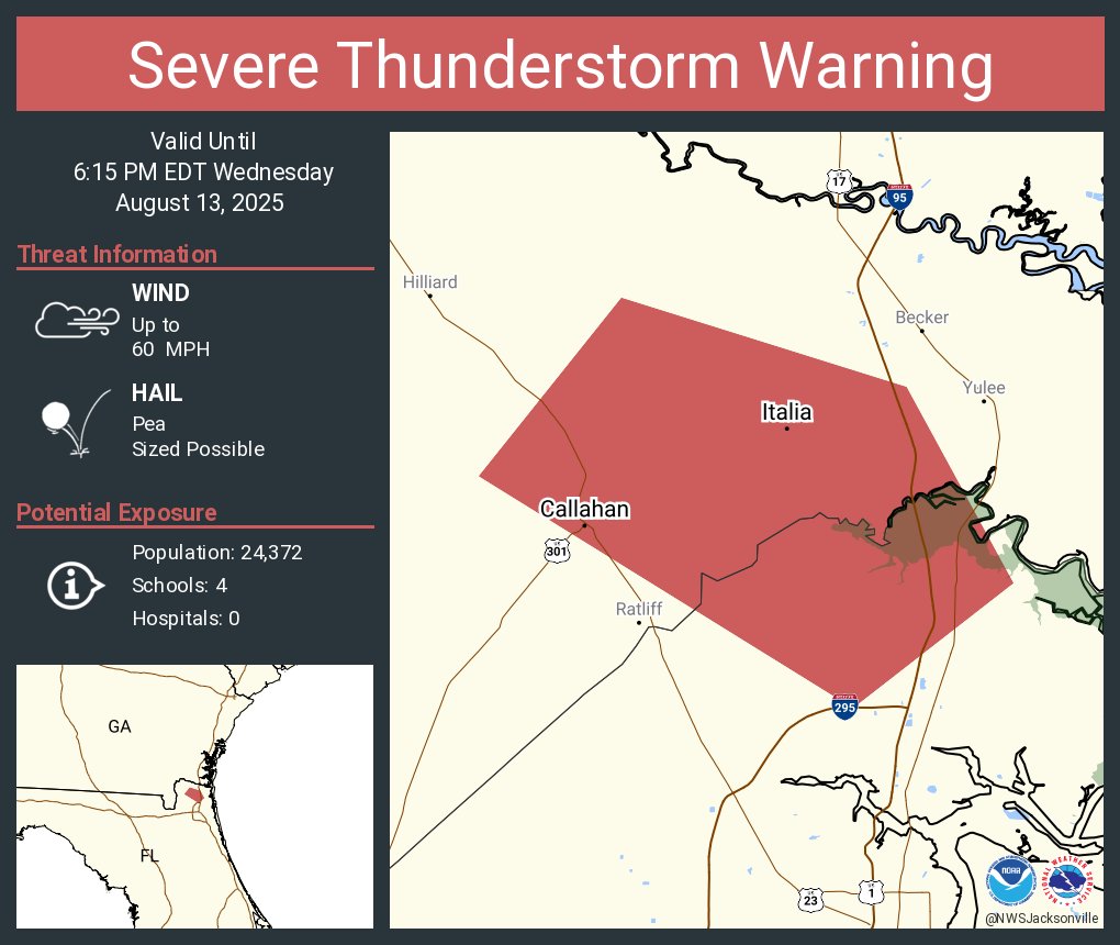Severe Thunderstorm Warning continues for Callahan FL and  Italia FL until 6:15 PM EDT