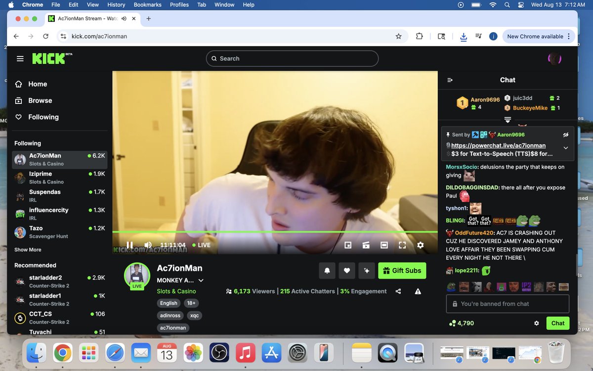 antislave1's tweet image. Kick streamer Ac7ionman talking crap saying a 200ccv kick streamer shouldn&apos;t make more than 3k a month. Well then I hope you aren&apos;t making more than 6k. Yea my chats dead? 6,000 more viewers then me and only 2x the chatters. Oh and nick white hit it 1st loser. $10bag man