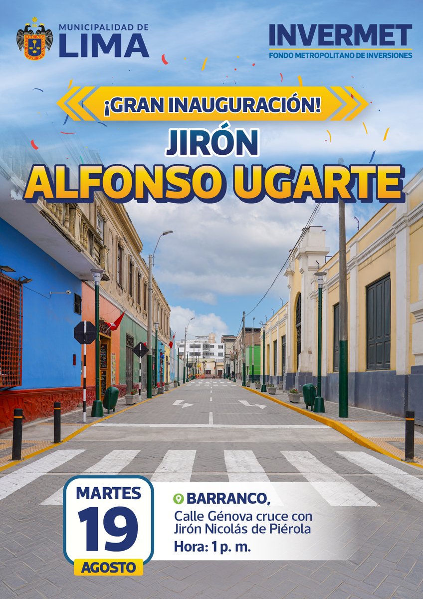 ¡En la Municipalidad de Lima, no paramos! 🥳😎

Acompáñanos este martes 19 de agosto, a inaugurar el renovado Jr. Alfonso Ugarte en Barranco. 📌