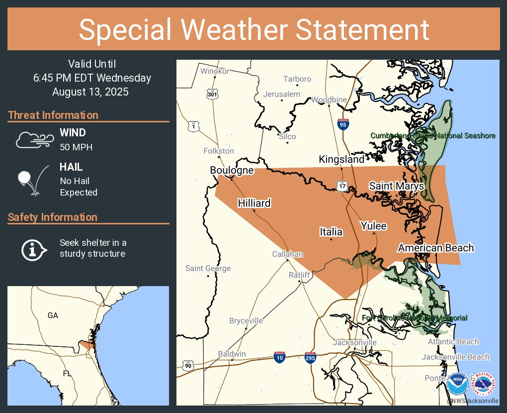 A special weather statement has been issued for Saint Marys GA, Kingsland GA and  Yulee FL until 6:45 PM EDT