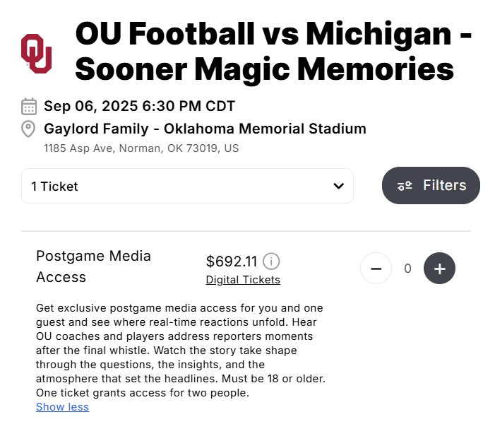 GeorgeStoia's tweet photo. OU's new 'Sooner Magic Moments' campaign gives exclusive access to football games this year... 

One of the things you can buy is access to the postgame media press conference for a cheap price of $692. https://t.co/Bccd7Lz2Su