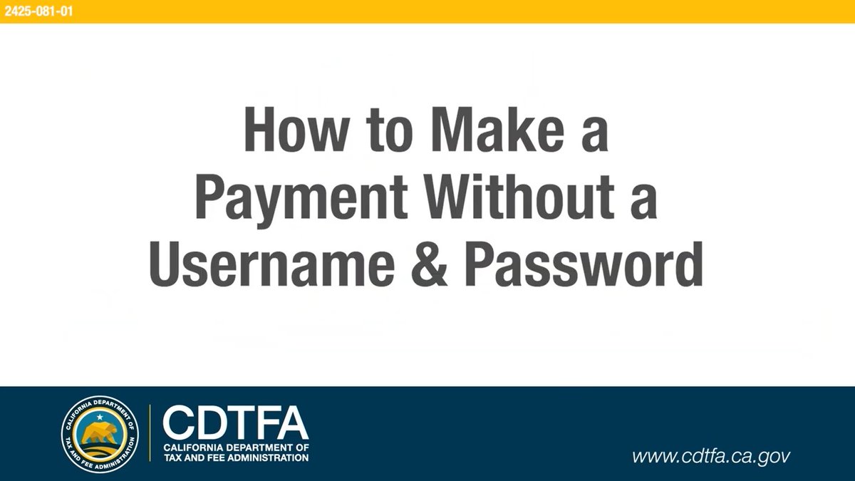 Make a payment to CDTFA without a username or password. Watch this quick video to learn how: youtube.com/watch?v=cdOHcP…