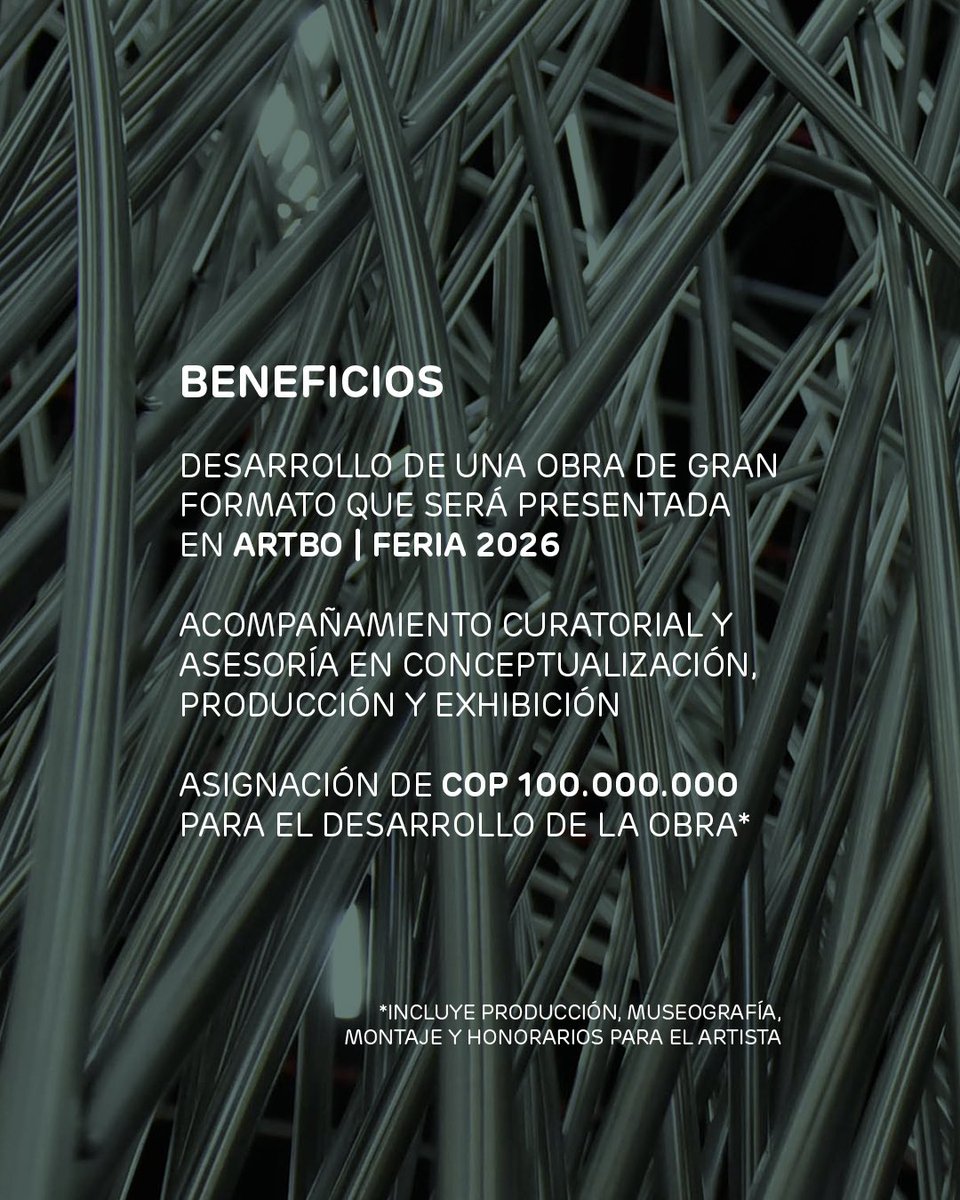 programaARTBO's tweet photo. En alianza con @Acoplasticos, esta iniciativa tiene como objetivo fortalecer el ecosistema artístico colombiano y promover una mayor integración entre el sector cultural y empresarial, a través de un premio de comisión que brindará al artista seleccionado los medios para crear una obra de gran formato, que será exhibida en la próxima edición de ARTBO | Feria.

La convocatoria está dirigida a artistas colombianos o extranjeros con residencia legal en Colombia, que tengan algún vínculo comercial con alguna de las galerías participantes en ARTBO | Feria 2025.

El artista ganador recibirá una asignación de 100.000.000 COP, distribuida en apoyo a la producción de la obra, montaje y honorarios. Además, el premio incluye un acompañamiento curatorial experto, así como la presentación de la obra final en ARTBO | Feria 2026 y posteriormente en ARTBO | Salas.

Lee el reglamento completo y postúlate hasta el 25 de agosto acá: https://t.co/L7mJ5GQZ3A