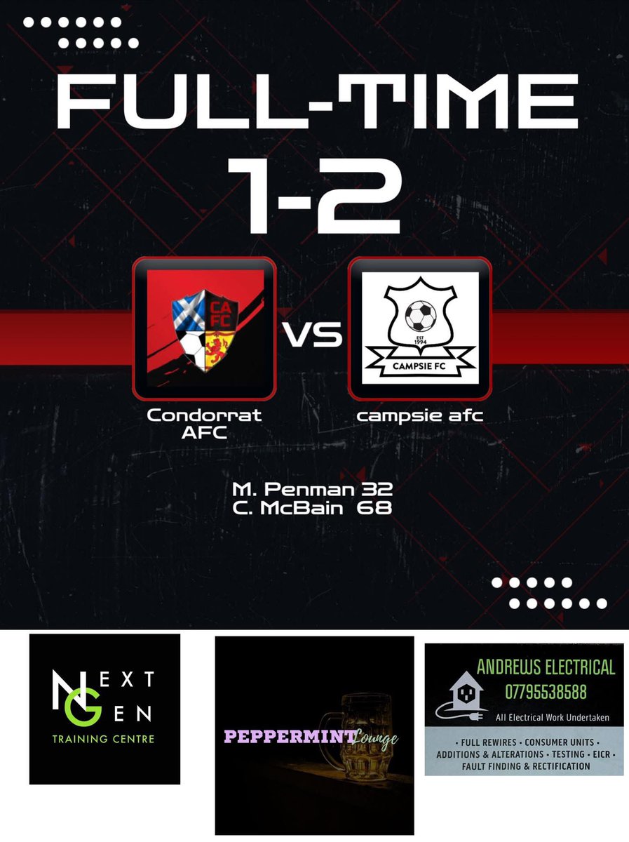 campsieafc's tweet photo. Good result away from home tonight. 

Murray Penman - @GMP Consultancy Ltd
Cameron Mcbain - sponsorship available 

MOTM award goes to Pierce Finnie (individual sponsorship still available) for another outstanding display over 90 minutes. 

All the best to Condorrat AFC 🤝 https://t.co/aJ3bQm9yU4