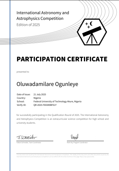 hellodamilare's tweet photo. Finally sharing this (a bit late 😅)…
I had the privilege of participating in the International Astronomy &amp; Astrophysics Competition 2025
It was tough, exciting, and 100% worth it.

#IAAC #Astronomy #Astrophysics #STEM #Space #LearningJourney https://t.co/AMhTtc081T